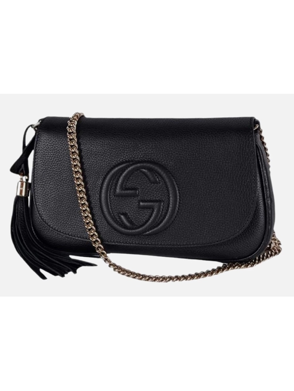 Gucci Black Soho Leather Crossbody Bag with Tassel and Gold Chain
